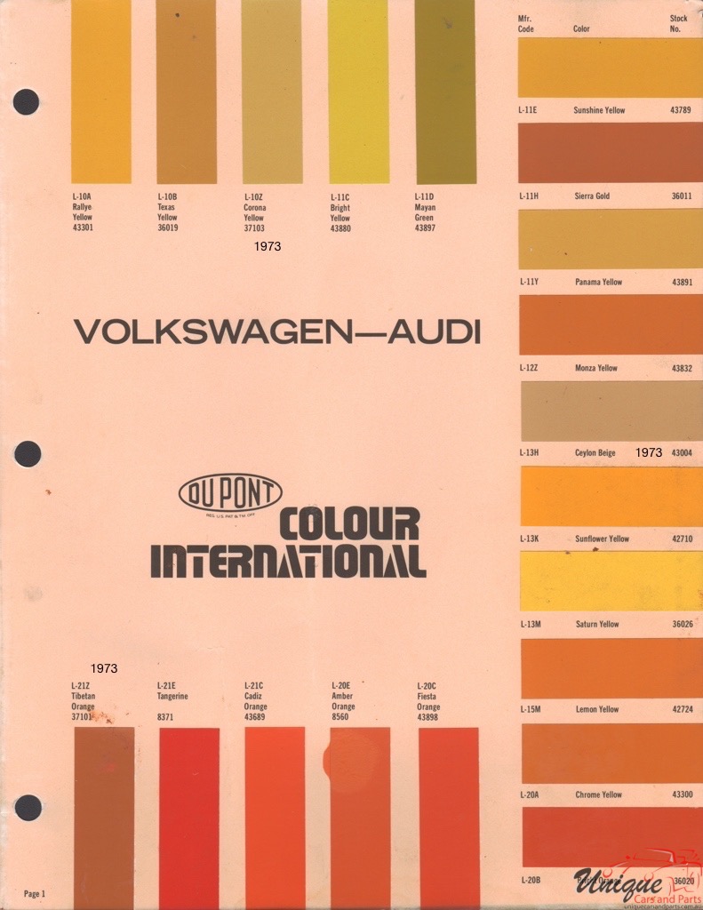 1973 Audi International Paint Charts DuPont 1